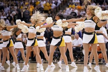 Mar 4, 2023; Columbia, Missouri, USA; The Missouri Tigers cheerleaders perform against the Mississippi Rebels during the first half at Mizzou Arena. Mandatory Credit: Denny Medley-Imagn Images