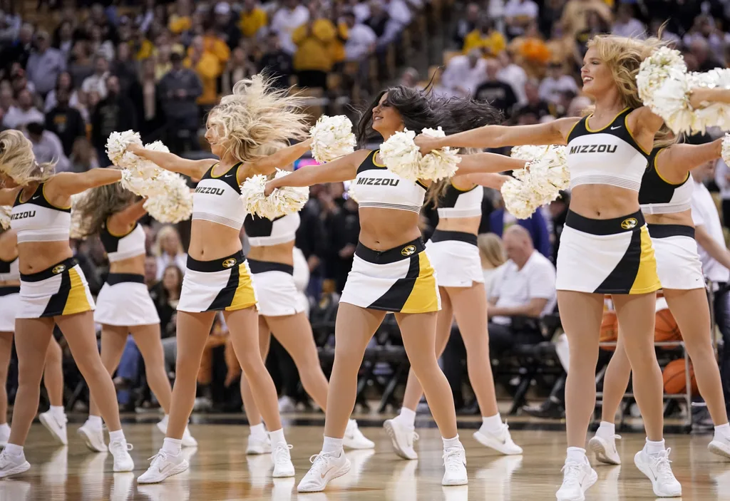 Mar 4, 2023; Columbia, Missouri, USA; The Missouri Tigers cheerleaders perform against the Mississippi Rebels during the first half at Mizzou Arena. Mandatory Credit: Denny Medley-Imagn Images