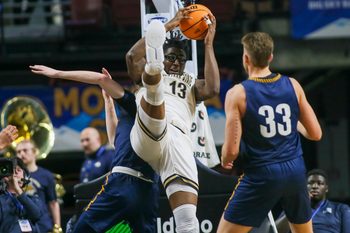Mar 8, 2023; Boise, ID, USA; Montana State Bobcats forward Jubrile Belo (13) brings down a rebound during the second half against Northern Arizona Lumberjacks at Idaho Central Arena. Montana State defeated Northern Arizona 85-78. Mandatory Credit: Brian Losness-Imagn Images