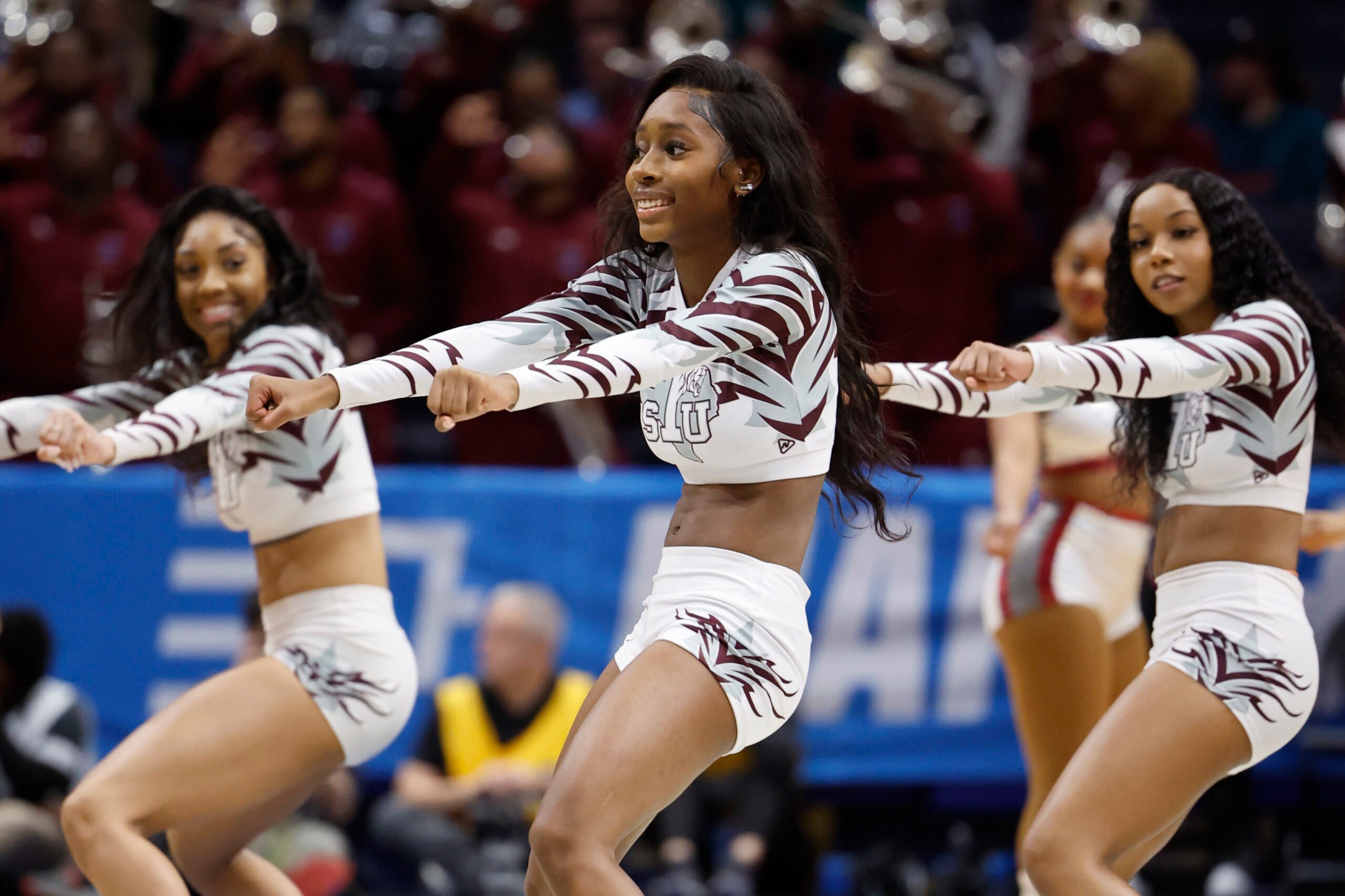 Mar 15, 2023; Dayton, OH, USA; Texas Southern Tigers cheerleaders in the second half against the Fairleigh Dickinson Knights at UD Arena. Mandatory Credit: Rick Osentoski-Imagn Images