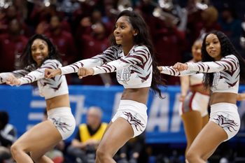 Mar 15, 2023; Dayton, OH, USA; Texas Southern Tigers cheerleaders in the second half against the Fairleigh Dickinson Knights at UD Arena. Mandatory Credit: Rick Osentoski-Imagn Images