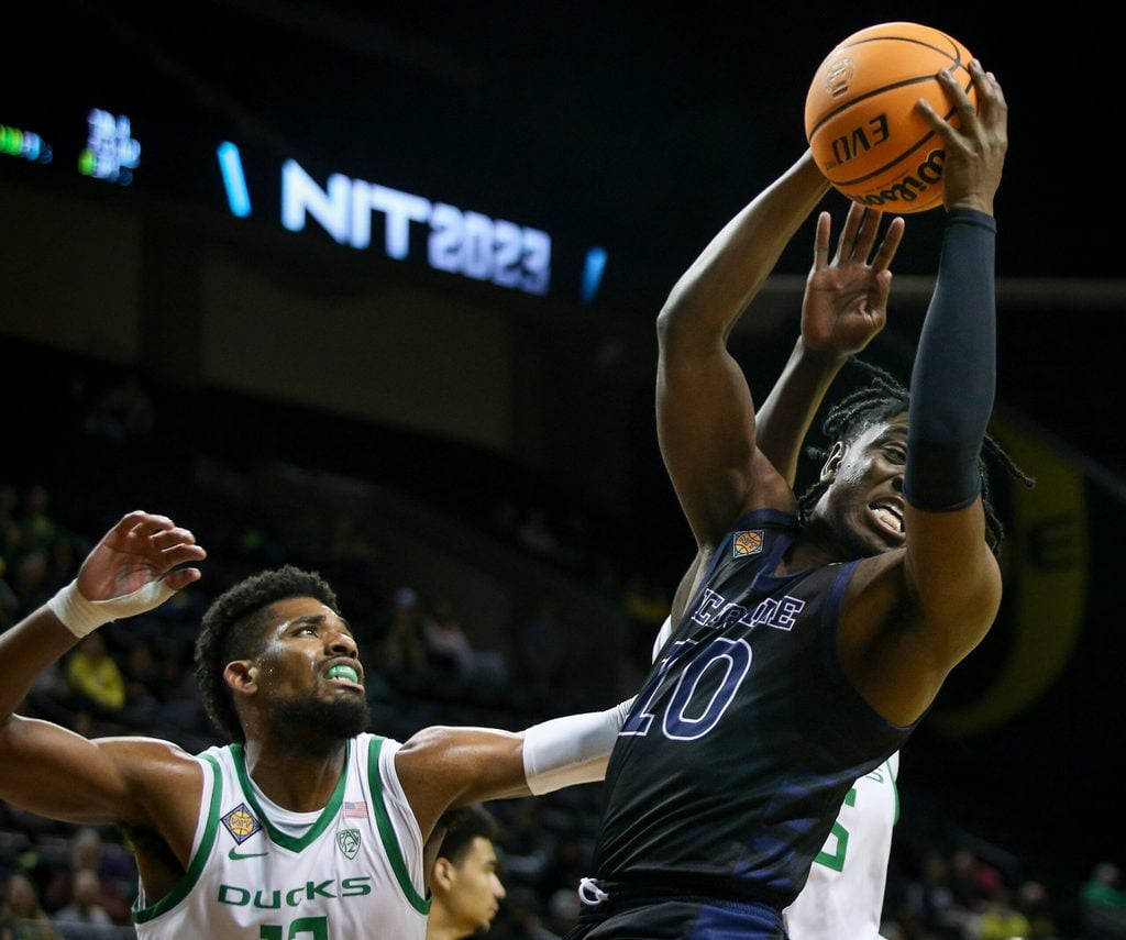 UC Irvine guard Ofure Ujadughele hauls in a rebound as the Oregon Ducks take on UC Irvine in their NIT opener Wednesday, March 15, 2023, at Matthew Knight Arena in Eugene, Ore.
Ncaa Basketball Oregon Men S Basketball Nit Opener Uc Irvine At Oregon