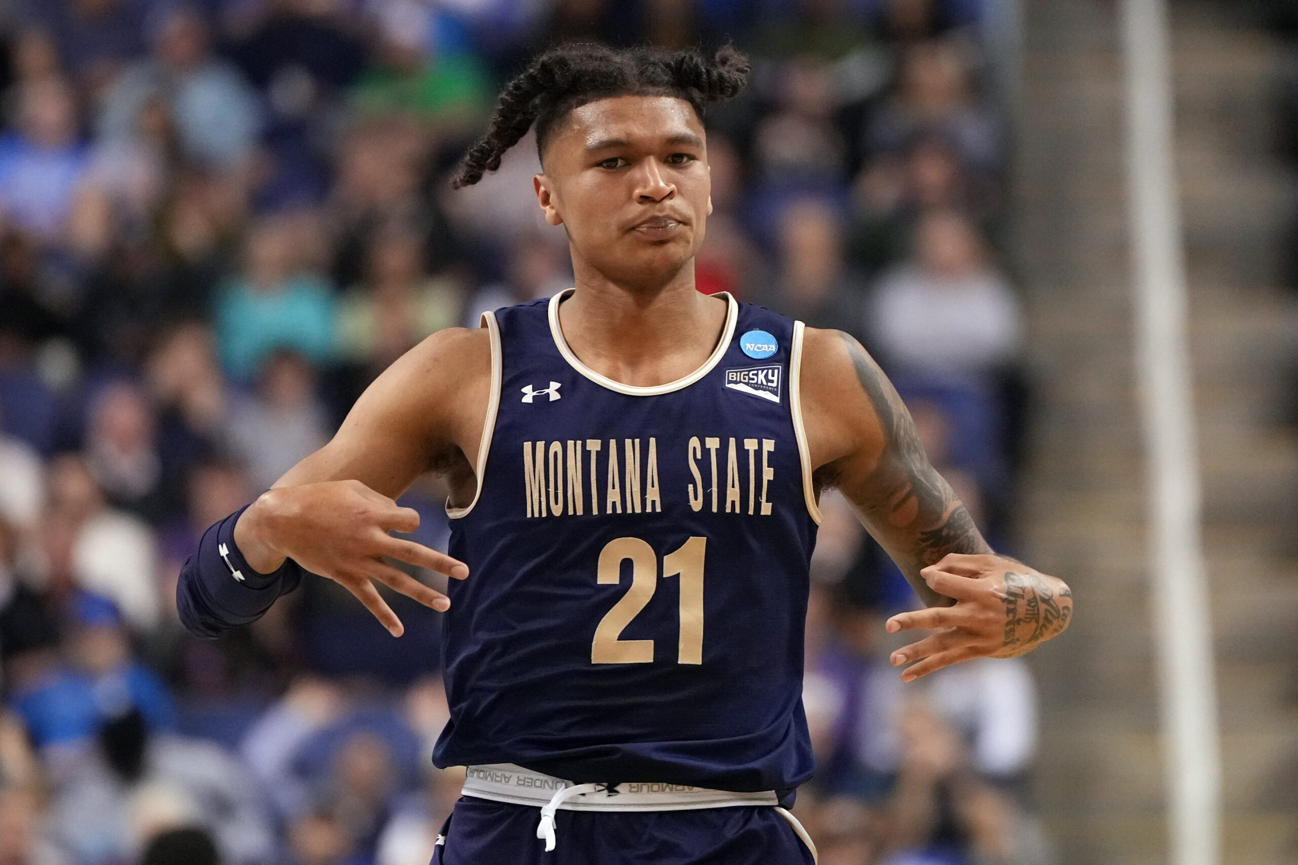 Mar 17, 2023; Greensboro, NC, USA; Montana State Bobcats guard Patrick McMahon (1) reacts in the first half against the Kansas State Wildcats at Greensboro Coliseum. Mandatory Credit: Bob Donnan-Imagn Images
