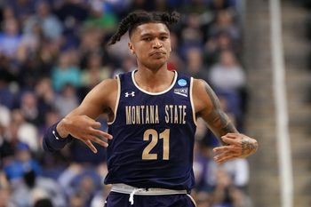 Mar 17, 2023; Greensboro, NC, USA; Montana State Bobcats guard Patrick McMahon (1) reacts in the first half against the Kansas State Wildcats at Greensboro Coliseum. Mandatory Credit: Bob Donnan-Imagn Images