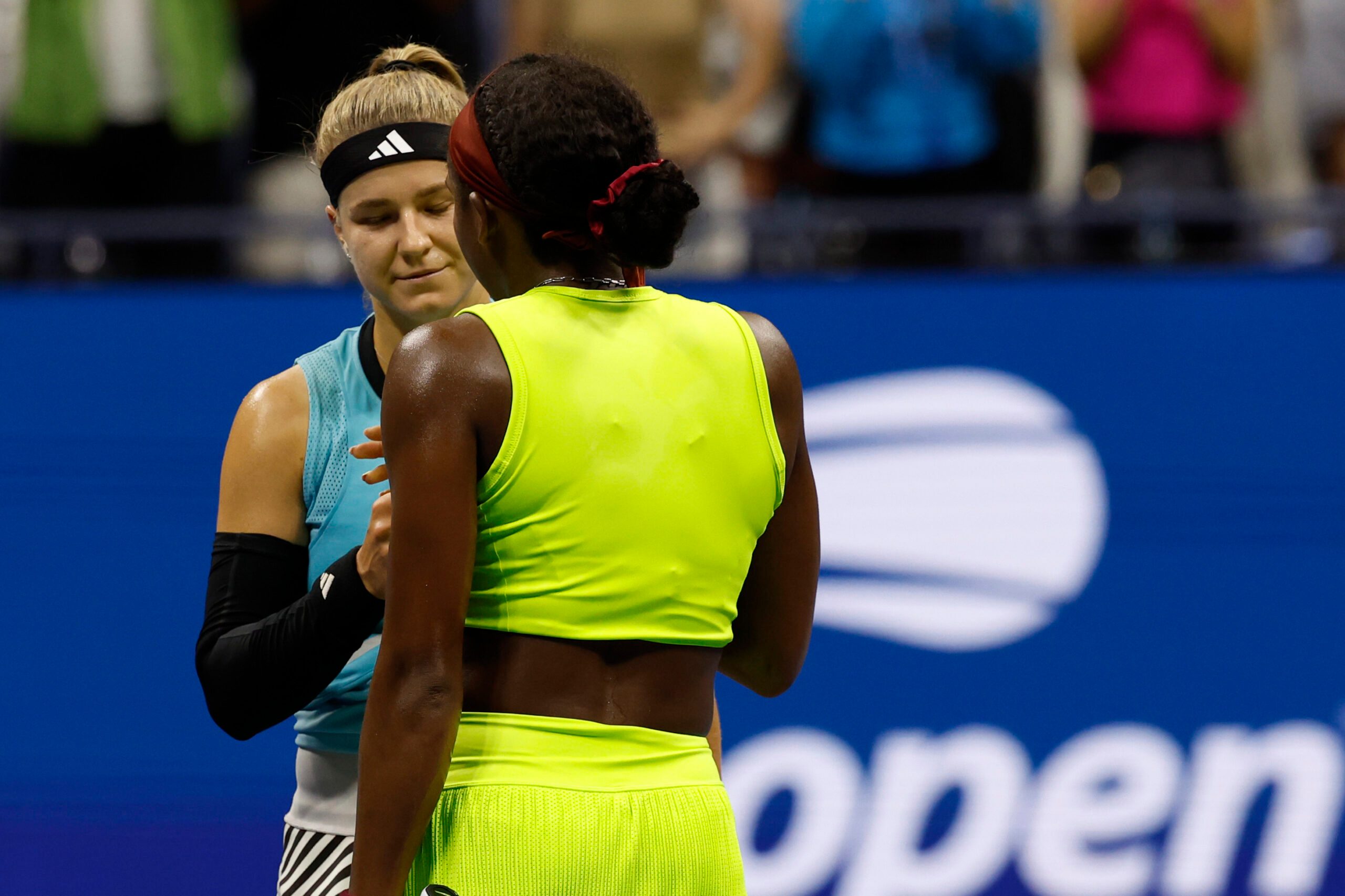 Sep 7, 2023; Flushing, NY, USA; Coco Gauff of the United States (R) shakes hands with Karolina Muchova of Czech Republic (L) after their match in a women's singles semifinal on day eleven of the 2023 U.S. Open tennis tournament at USTA Billie Jean King National Tennis Center. Mandatory Credit: Geoff Burke-Imagn Images