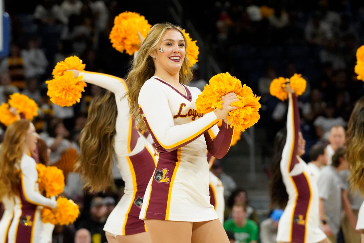 Nov 8, 2023; Chicago, Illinois, USA; Loyola Ramblers cheerleaders during the second half at Wintrust Arena. Mandatory Credit: David Banks-Imagn Images
