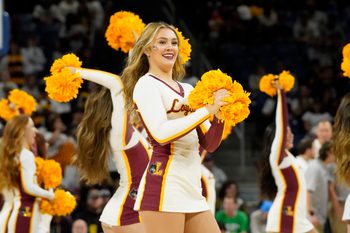 Nov 8, 2023; Chicago, Illinois, USA; Loyola Ramblers cheerleaders during the second half at Wintrust Arena. Mandatory Credit: David Banks-Imagn Images