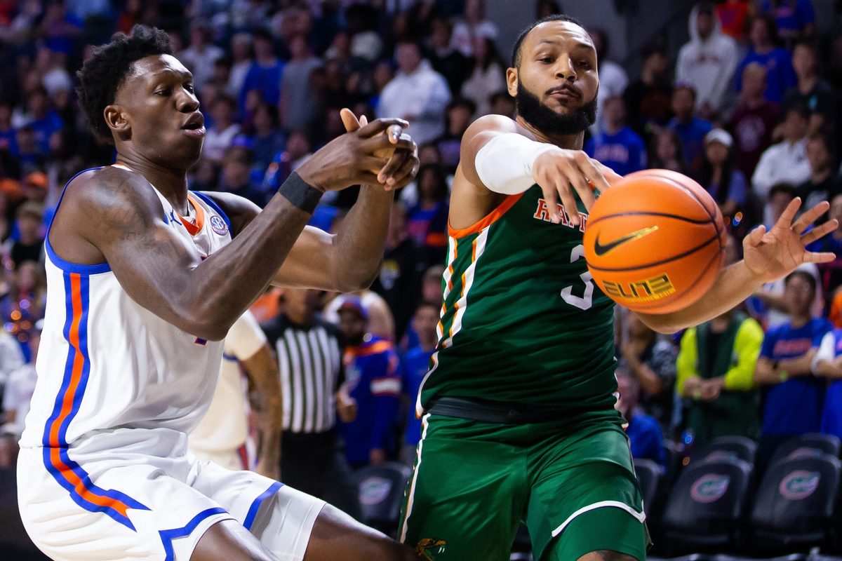 Florida Gators forward Tyrese Samuel (4) has the ball stolen by Florida A&M Rattlers guard Morrell Schramm (3). The Florida men   s basketball team hosted Florida A&M at Exactech Arena at the Stephen C. O   Connell Center in Gainesville, FL on Tuesday, November 14, 2023 in the second half. [Doug Engle/Ocala Star Banner]