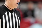 A referee blows a NCAA whistle during the Texas Tech non-conference basketball game against Omaha, Wednesday, Dec. 6, 2023, at United Supermarkets Arena.