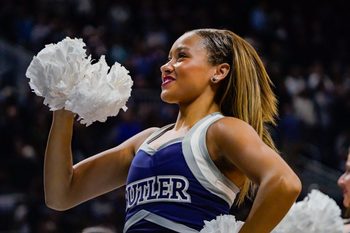 Buttler cheerleaders hype up the crowd during a game between the Butler Bulldogs and the California Golden Bears at Hinkle Fieldhouse on Saturday, Dec. 9, 2023 in Indianapolis.