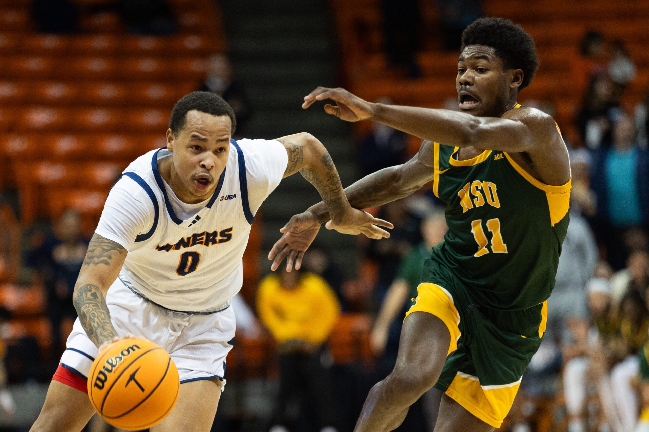 UTEP's Zid Powell (0) dribbles the ball at a men's basketball game against Norfolk State in the Sun Bowl Invitational on Wednesday, Dec. 20, 2023, at the Don Haskins Center in El Paso, Texas.