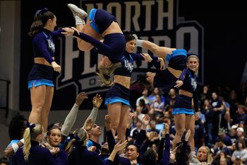 North Florida Ospreys cheerleaders perform during the second half of an NCAA men   s basketball game Friday, Jan. 12, 2024 at the University of North Florida   s UNF Arena in Jacksonville, Fla. UNF defeated JU 82-74. [Corey Perrine/Florida Times-Union]