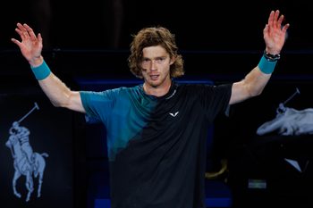 Jan 21, 2024; Melbourne, Victoria, Australia;   Andrey Rublev of Russia celebrates his victory over Alex de Minaur of Australia in the forth round of the men s singles at the Australian Open 2024. Mandatory Credit: Mike Frey-Imagn Images