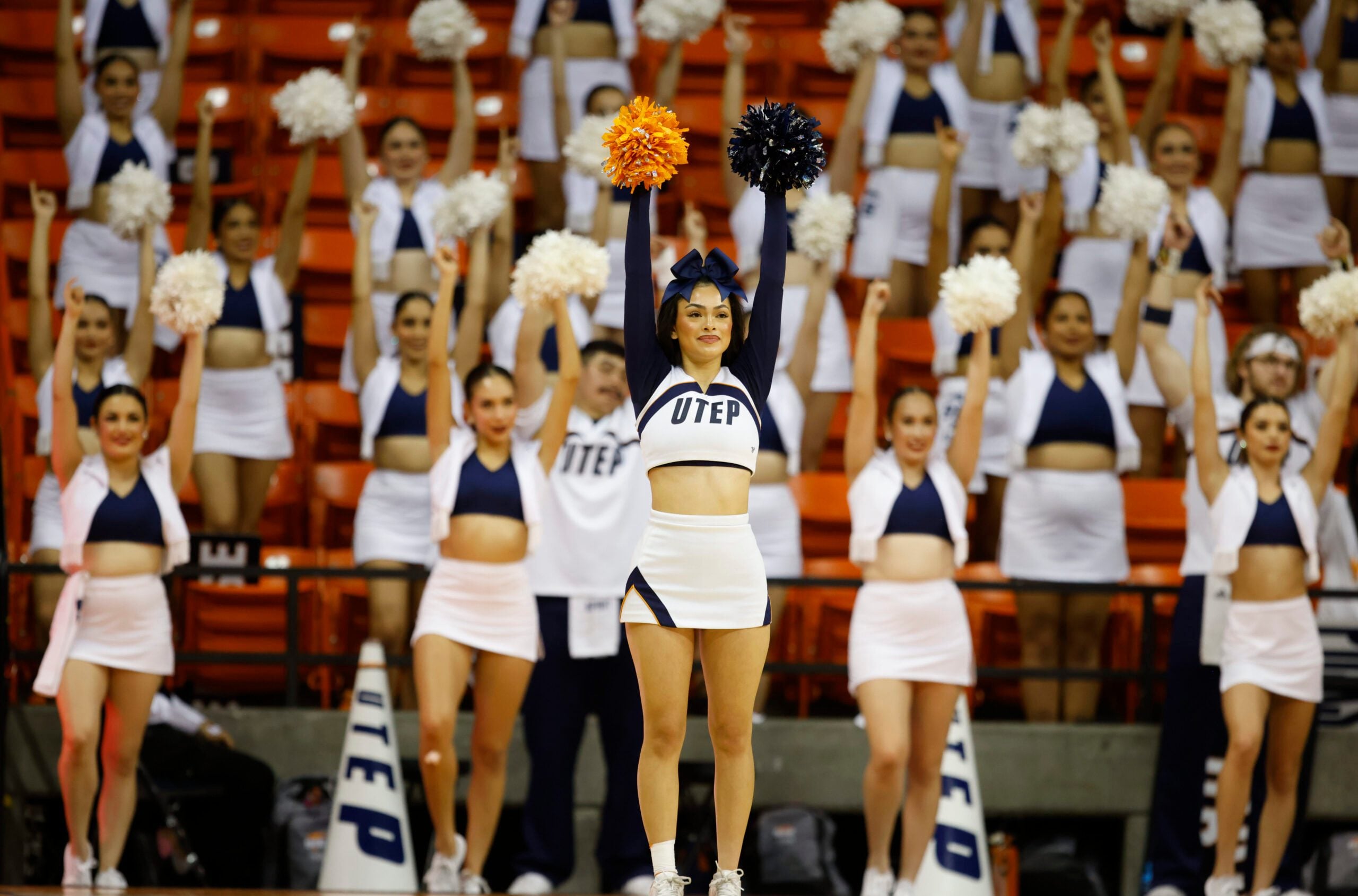 Feb 10, 2024; El Paso, Texas, USA; UTEP Miners cheerleaders are seen as the UTEP Miners face the New Mexico State Aggies in the second half at Don Haskins Center. Mandatory Credit: Ivan Pierre Aguirre-Imagn Images