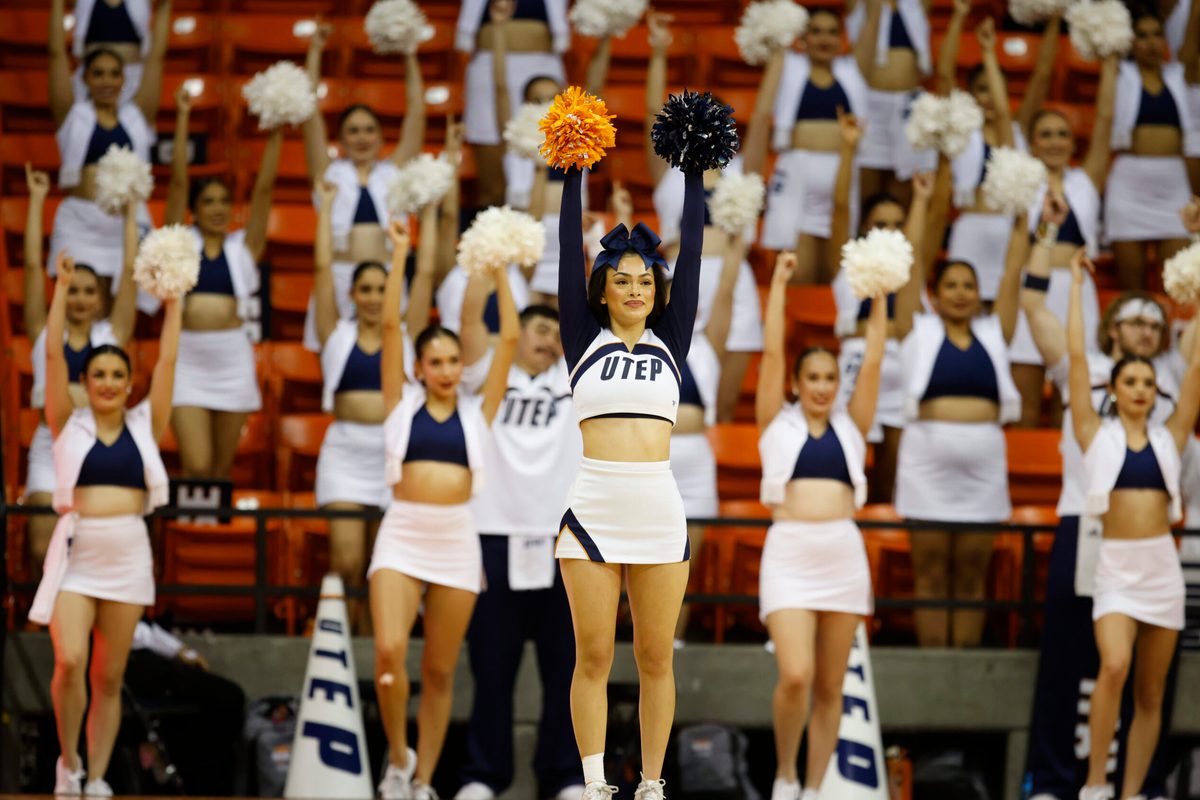 Feb 10, 2024; El Paso, Texas, USA; UTEP Miners cheerleaders are seen as the UTEP Miners face the New Mexico State Aggies in the second half at Don Haskins Center. Mandatory Credit: Ivan Pierre Aguirre-Imagn Images