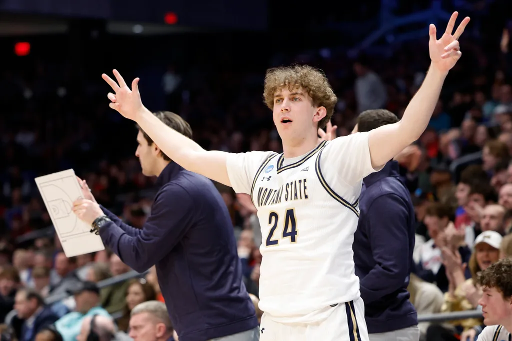Mar 20, 2024; Dayton, OH, USA; Montana State Bobcats guard Jed Miller (24) celebrates in the second half against the Grambling State Tigers at UD Arena. Mandatory Credit: Rick Osentoski-Imagn Images