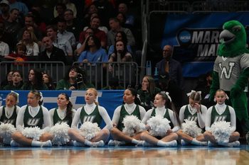 March 21, 2024, Charlotte, NC, USA; Wagner Seahawks cheerleaders and mascot look on against the North Carolina Tar Heels in the first round of the 2024 NCAA Tournament at the Spectrum Center. Mandatory Credit: Jim Dedmon-Imagn Images
