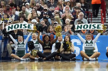 Mar 22, 2024; Spokane, WA, USA; UAB Blazers cheerleaders cheer against the San Diego State Aztecs during the second half in the first round of the 2024 NCAA Tournament at Spokane Veterans Memorial Arena. Mandatory Credit: Kirby Lee-Imagn Images