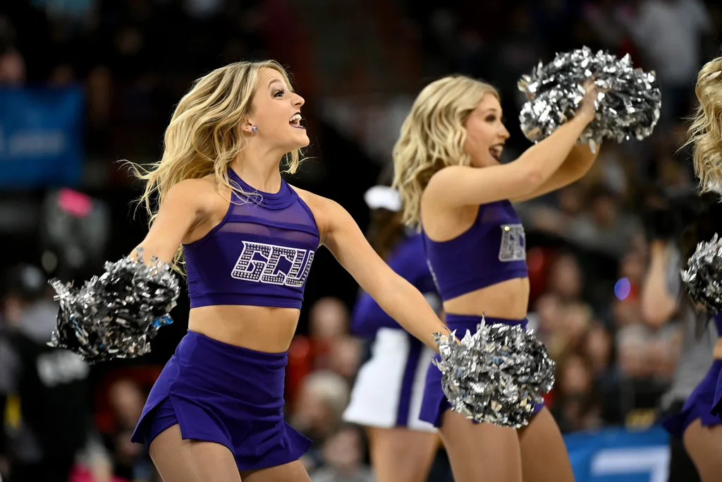 Mar 22, 2024; Spokane, WA, USA; Grand Canyon Antelopes cheerleaders during the first half in the first round of the 2024 NCAA Tournament against the St. Mary's Gaelss at Spokane Veterans Memorial Arena. Mandatory Credit: James Snook-Imagn Images