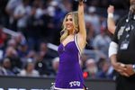 Mar 22, 2024; Indianapolis, IN, USA; The TCU Horned Frogs cheerleaders during the second half against the Utah State Aggies in the first round of the 2024 NCAA Tournament at Gainbridge FieldHouse. Mandatory Credit: Trevor Ruszkowski-Imagn Images