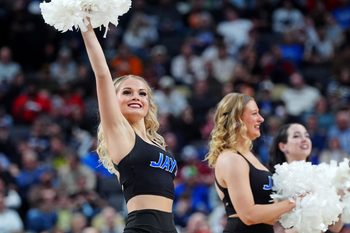 Mar 23, 2024; Pittsburgh, PA, USA; The Creighton Bluejays cheerleaders cheer during a time out of the game between the Oregon Ducks and the Creighton Bluejays in the second round of the 2024 NCAA Tournament at PPG Paints Arena. Mandatory Credit: Gregory Fisher-Imagn Images