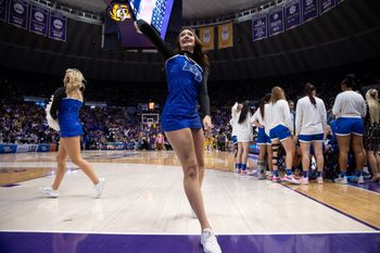 Mar 24, 2024; Baton Rouge, Louisiana, USA;  Middle Tennessee Blue Raiders cheerleaders toss t-shirts to fans against the LSU Lady Tigers during the second half at Pete Maravich Assembly Center. Mandatory Credit: Stephen Lew-Imagn Images