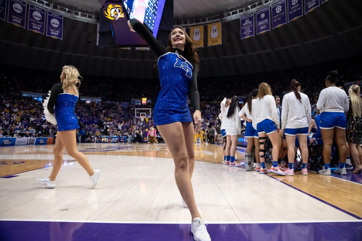 Mar 24, 2024; Baton Rouge, Louisiana, USA; Middle Tennessee Blue Raiders cheerleaders toss t-shirts to fans against the LSU Lady Tigers during the second half at Pete Maravich Assembly Center. Mandatory Credit: Stephen Lew-Imagn Images