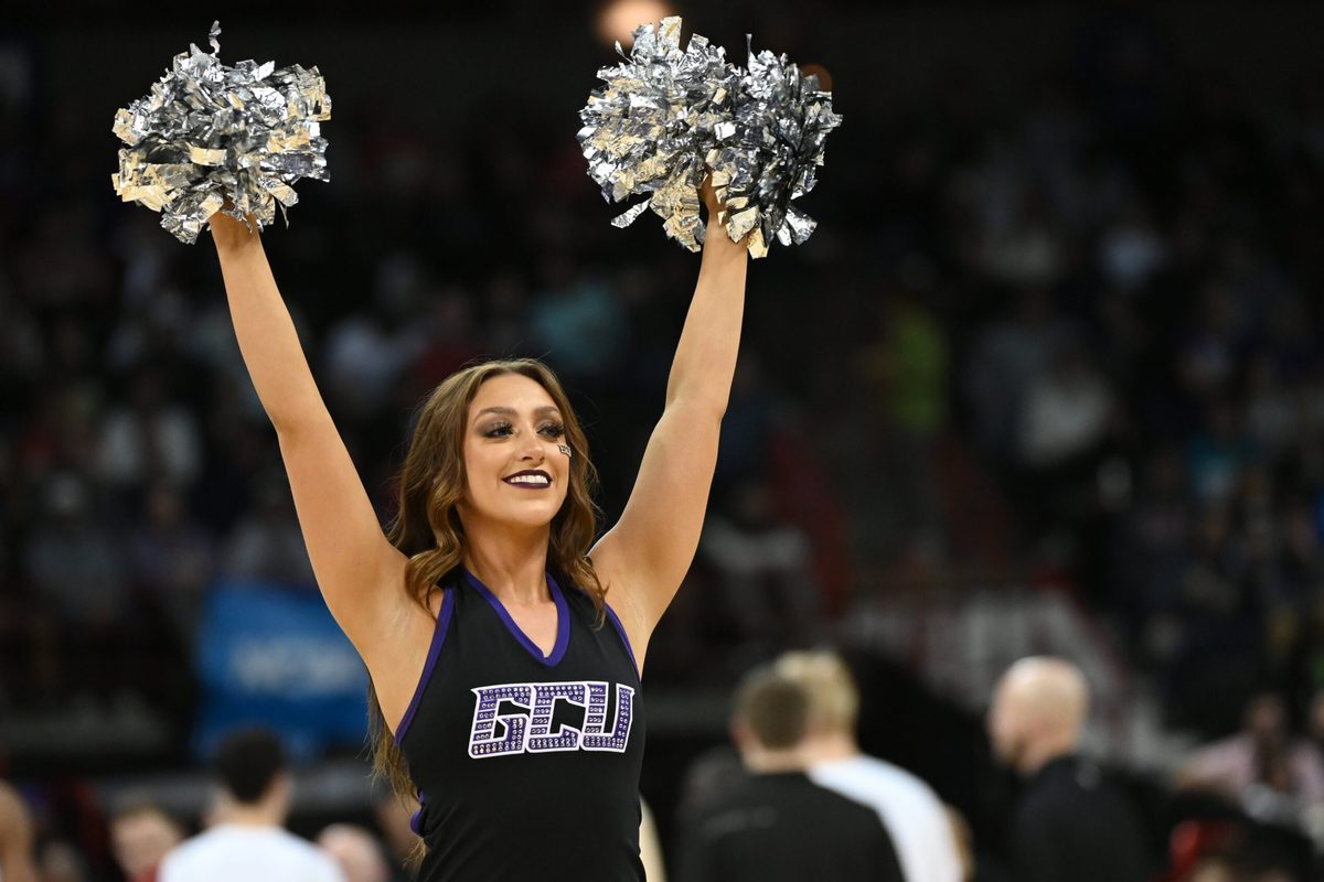 Mar 24, 2024; Spokane, WA, USA; Grand Canyon Antelopes cheerleader performs in the second half against the Alabama Crimson Tide at Spokane Veterans Memorial Arena. Mandatory Credit: James Snook-Imagn Images