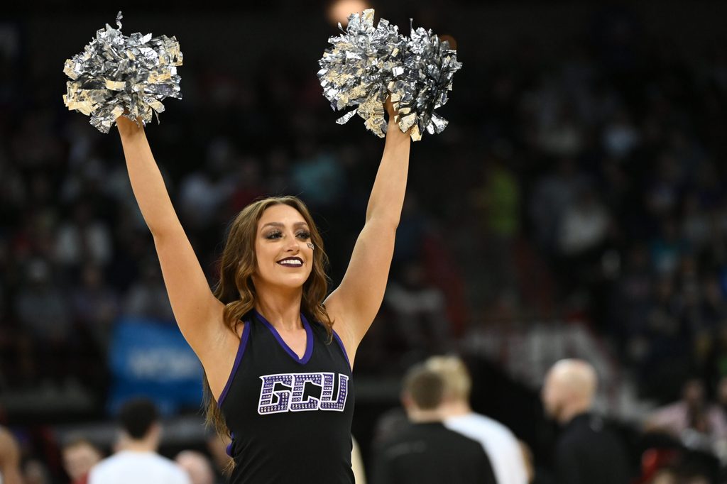 Mar 24, 2024; Spokane, WA, USA; Grand Canyon Antelopes cheerleader performs in the second half against the Alabama Crimson Tide at Spokane Veterans Memorial Arena. Mandatory Credit: James Snook-Imagn Images