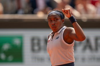 Jun 6, 2024; Paris, France; Coco Gauff of the United States reacts to a point during her match against Iga Swiatek of Poland on day 12 of Roland Garros at Stade Roland Garros. Mandatory Credit: Susan Mullane-Imagn Images