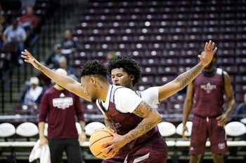 Missouri State basketball players Jurrell Baldwin (back) and Makhai Valentine during homecoming practice on Saturday, Oct. 19, 2024.