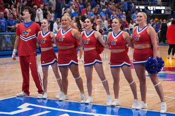 Nov 16, 2024; Lawrence, Kansas, USA; Kansas Jayhawks cheerleaders performs prior to a game against the Oakland Golden Grizzlies at Allen Fieldhouse. Mandatory Credit: Denny Medley-Imagn Images