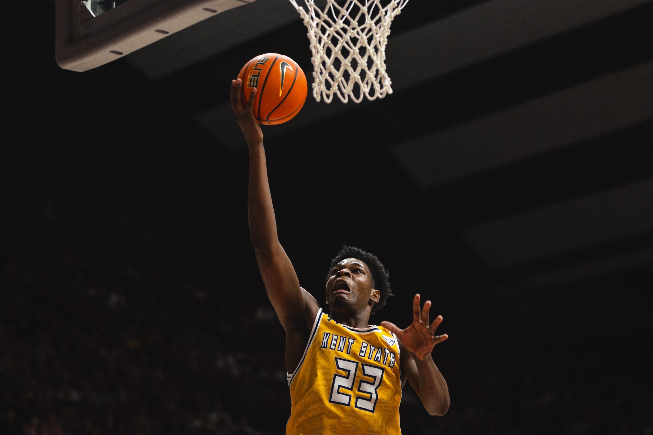 Dec 22, 2024; Tuscaloosa, Alabama, USA; Kent State Golden Flashes forward Delrecco Gillespie (23) shoots for the basket against the Alabama Crimson Tide during the first half at Coleman Coliseum. Mandatory Credit: Will McLelland-Imagn Images