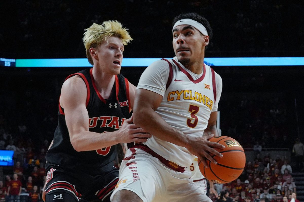 Iowa State Cyclones guard Tamin Lipsey (3) looks drive with the ball Utah Utes guard Hunter Erickson(0) during the second half in the Big-12 men’s basketball at Hilton Coliseum on Jan. 7, 2025 in Ames, Iowa.