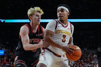 Iowa State Cyclones guard Tamin Lipsey (3) looks drive with the ball Utah Utes guard Hunter Erickson(0) during the second half in the Big-12 men’s basketball at Hilton Coliseum on Jan. 7, 2025 in Ames, Iowa.