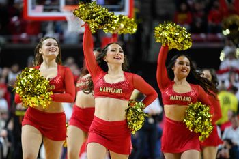 Jan 10, 2025; College Park, Maryland, USA; Maryland Terrapins cheerleaders perform during the second half at the game between the Maryland Terrapins and the UCLA Bruins at Xfinity Center. Mandatory Credit: Reggie Hildred-Imagn Images