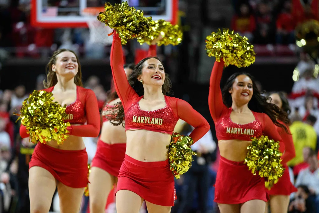 Jan 10, 2025; College Park, Maryland, USA; Maryland Terrapins cheerleaders perform during the second half at the game between the Maryland Terrapins and the UCLA Bruins at Xfinity Center. Mandatory Credit: Reggie Hildred-Imagn Images