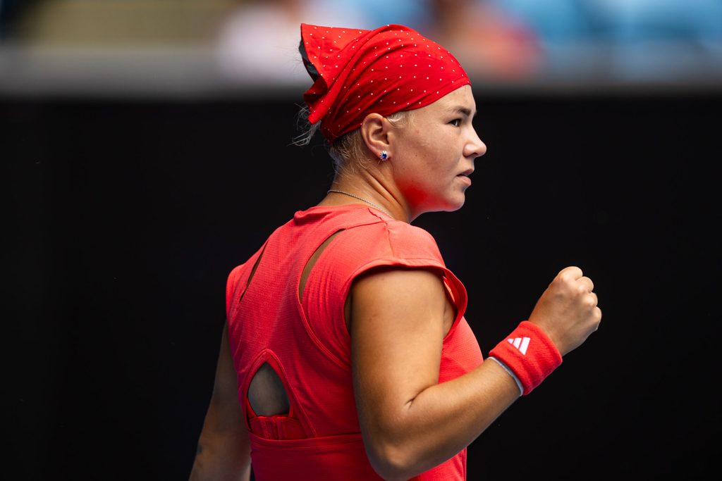 Jan 17, 2025; Melbourne, Victoria, Australia; Diana Shnaider celebrates during her match against Donna Vekic of Croatia in the third round of the women's singles at the 2025 Australian Open at Melbourne Park. Mandatory Credit: Mike Frey-Imagn Images