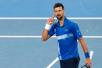 Jan 19, 2025; Melbourne, Victoria, Australia; Novak Djokovic of Serbia gestures during his match against Jiri Lehecka of Czech Republic in the fourth round of the men's singles at the 2025 Australian Open at Melbourne Park. Mandatory Credit: Mike Frey-Imagn Images