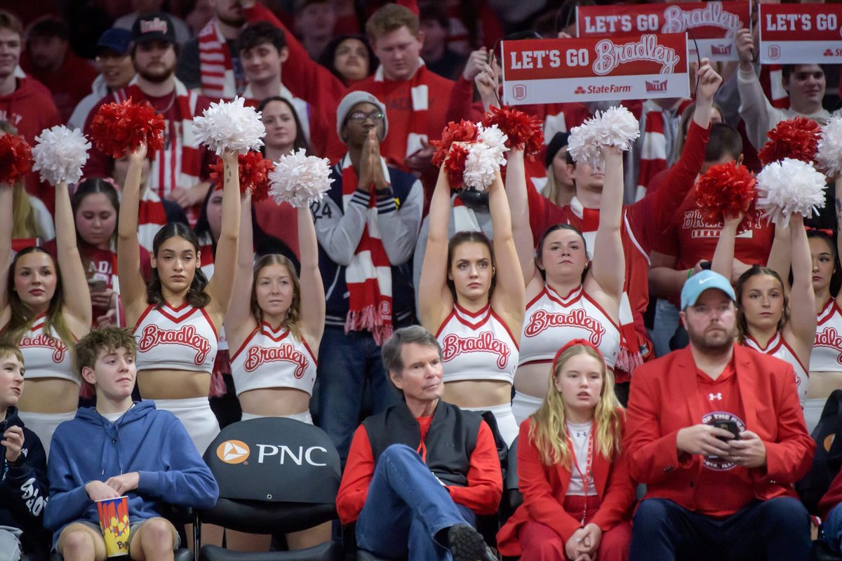 Cheerleaders and fans watch a Bradley free-throw as the Braves battle Illinois State in the second half of their MVC basketball game Saturday, Jan. 25, 2025 at Carver Arena in Peoria. The Braves defeated their I-74 rivals 61-57.