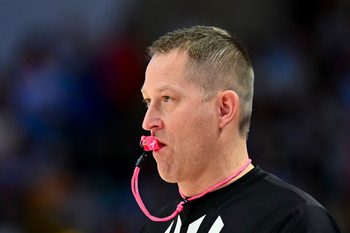 Feb 1, 2025; Houston, Texas, USA; A detailed view of a cancer awareness whistle on referee Tyler Kumpf during the game between the Houston Cougars and the Texas Tech Red Raiders at Fertitta Center. Mandatory Credit: Maria Lysaker-Imagn Images