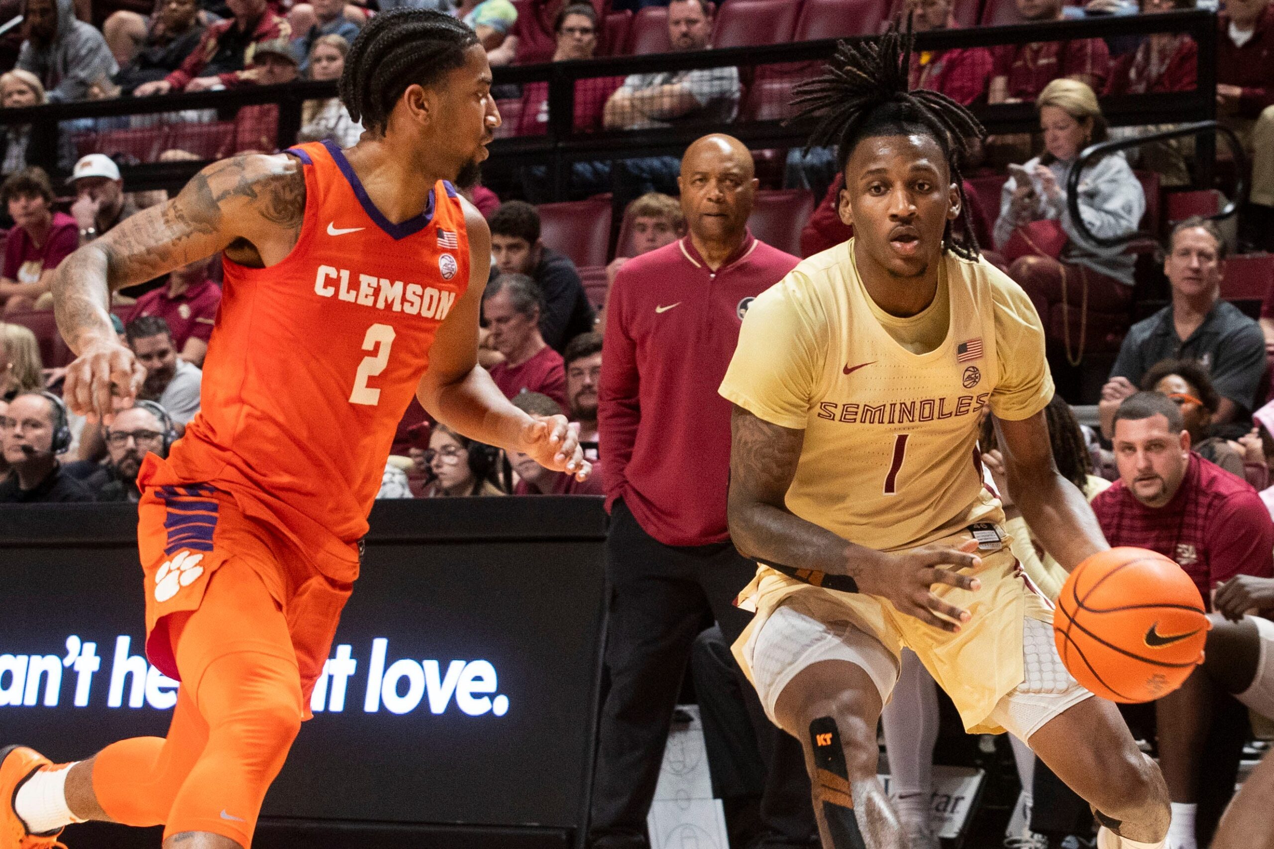 The Florida State mens basketball team competes to win their second matchup of the season against the Clemson Tigers at Donald L. Tucker Civic Center Saturday, Feb. 15 2025.