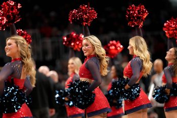 Mar 28, 2025; Atlanta, GA, USA; Mississippi Rebels cheerleaders in the second half of a South Regional semifinal of the 2025 NCAA tournament against the Michigan State Spartans at State Farm Arena. Mandatory Credit: Dale Zanine-Imagn Images