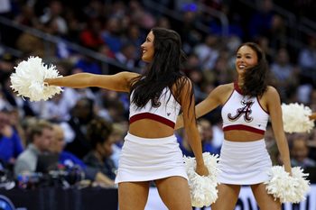 Mar 29, 2025; Newark, NJ, USA; Alabama Crimson Tide cheerleaders in the East Regional final of the 2025 NCAA tournament between the Duke Blue Devils and the Alabama Crimson Tideat Prudential Center. Mandatory Credit: Vincent Carchietta-Imagn Images