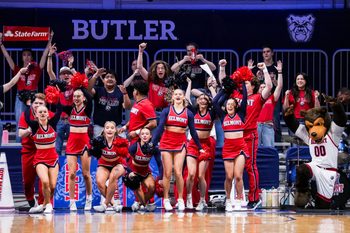 Belmont Bruins fans and cheerleaders celebrate Wednesday, April 2, 2025, during the WBIT championship game between the Minnesota Golden Gophers and the Belmont Bruins at Hinkle Fieldhouse in Indianapolis.