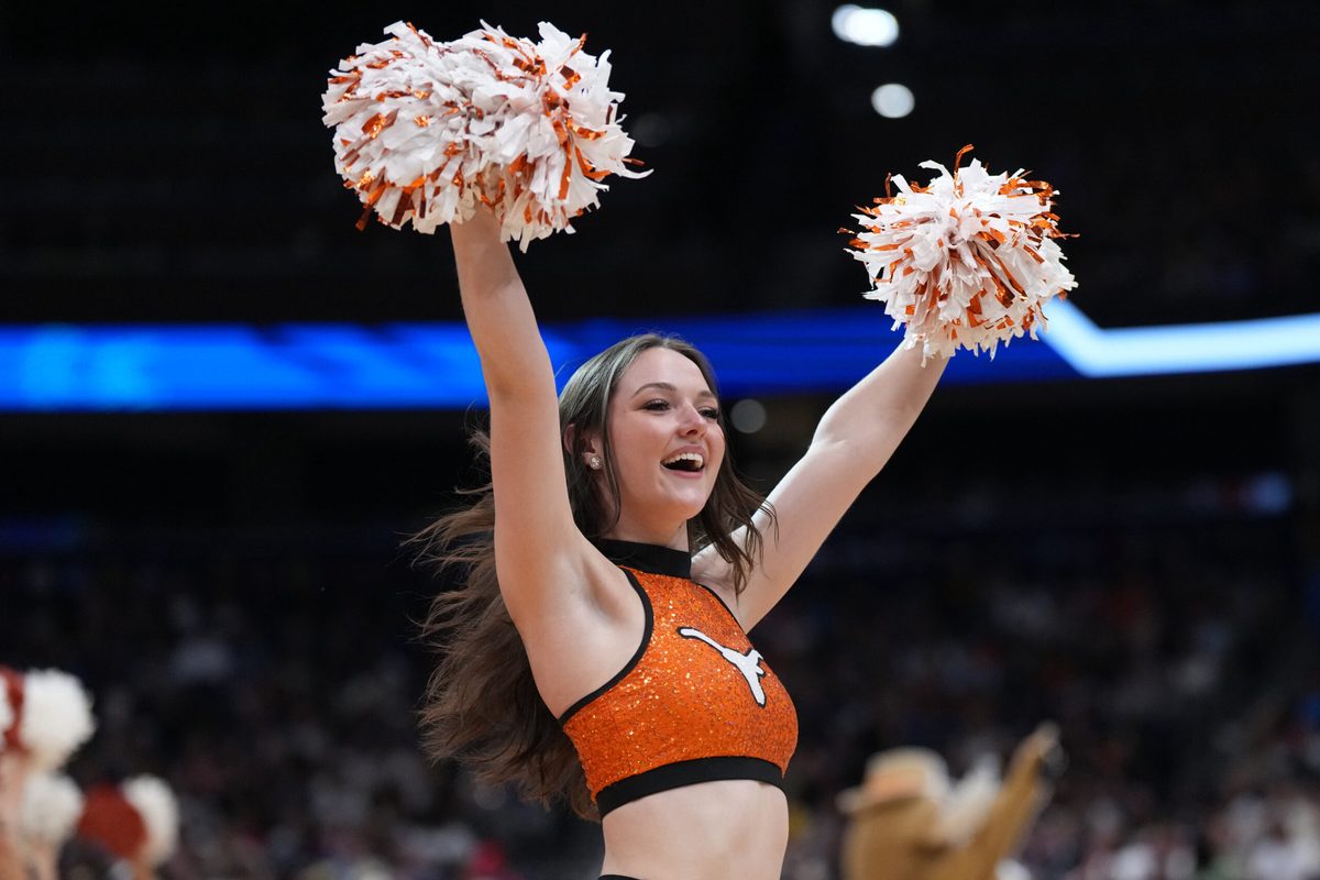 Apr 4, 2025; Tampa, FL, USA;  Texas Longhorns cheerleaders during the third quarter in a semifinal of the women's 2025 NCAA tournament against the South Carolina Gamecocks at Amalie Arena. Mandatory Credit: Kirby Lee-Imagn Images