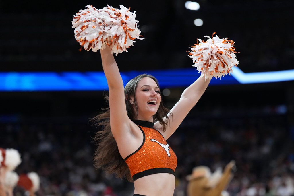 Apr 4, 2025; Tampa, FL, USA; Texas Longhorns cheerleaders during the third quarter in a semifinal of the women's 2025 NCAA tournament against the South Carolina Gamecocks at Amalie Arena. Mandatory Credit: Kirby Lee-Imagn Images