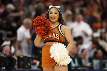 Apr 4, 2025; Tampa, FL, USA;  The Texas Longhorns cheerleaders perform during the third quarter in a semifinal of the women's 2025 NCAA tournament against the South Carolina Gamecocks at Amalie Arena. Mandatory Credit: Nathan Ray Seebeck-Imagn Images