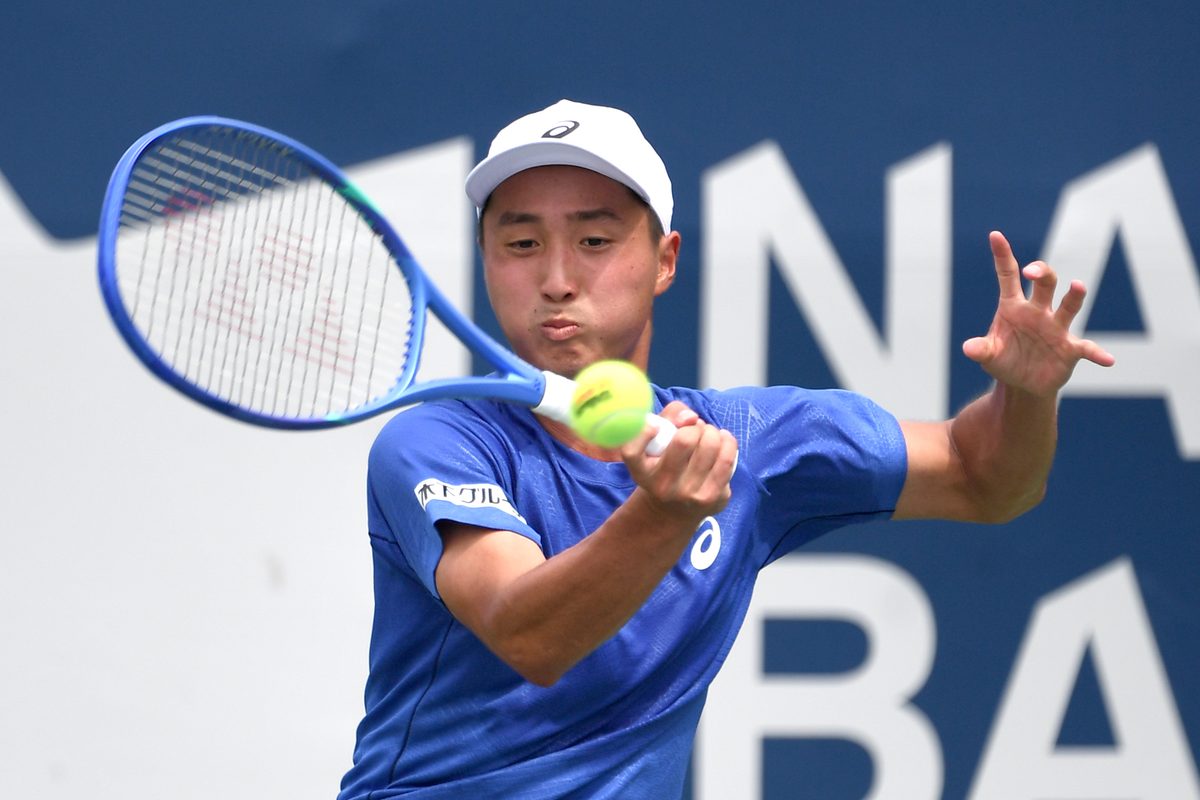 Jul 26, 2025; Toronto, ON, Canada; Shintaro Mochizuki (JPN) plays a shot against Yasutaka Uchiyama (JPN) during qualifying play at Sobeys Stadium. Mandatory Credit: Dan Hamilton-Imagn Images