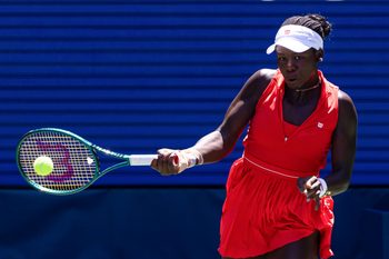Aug 25, 2025; Flushing, NY, USA; Victoria Mboko of Canada in action against Barbora Krejcikova of Czech Republic in the first round of the women’s singles at the US Open at Louis Armstrong Stadium in Billie Jean King National Tennis Centre. Mandatory Credit: Mike Frey-Imagn Images